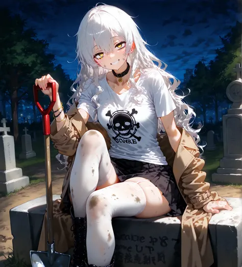  cemetery ,  night, luz de luna, 1girl, Alone, ( style : 1,4), ( tall details ), ( Long hair,  white hair,  wavy hair, messy hair),  small breasts, (black trench coat), ( loose white t-shirt ), dirty and broken t-shirt ,  dirty black skirt ,  knee-length w...