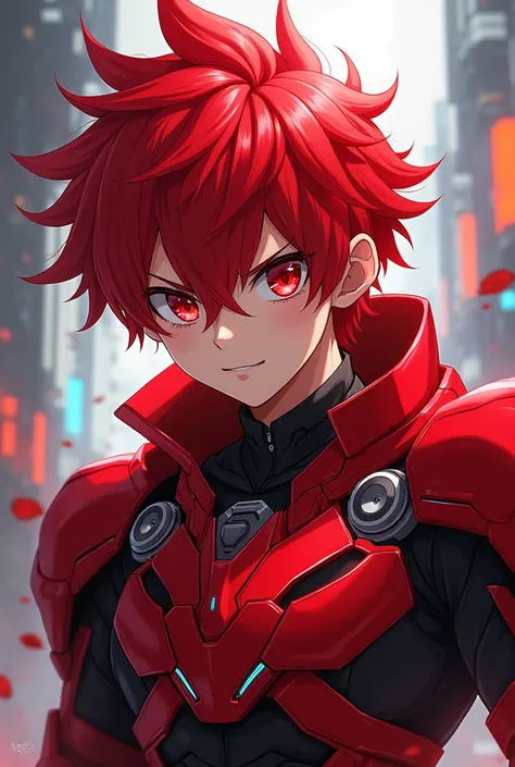 Image of an anime boy red hair red eyes anime with red armor futuristic style