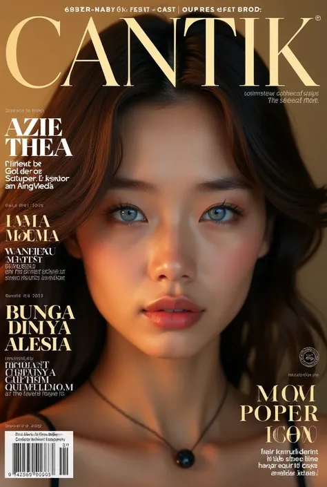 "A modern magazine cover design featuring a young Korean man alongside a stylish woman. The title 'WANITAKU CANTIK'huruf 3D is prominently displayed at the top in bold gold serif font, exuding elegance and sophistication. The background showcases a close-u...