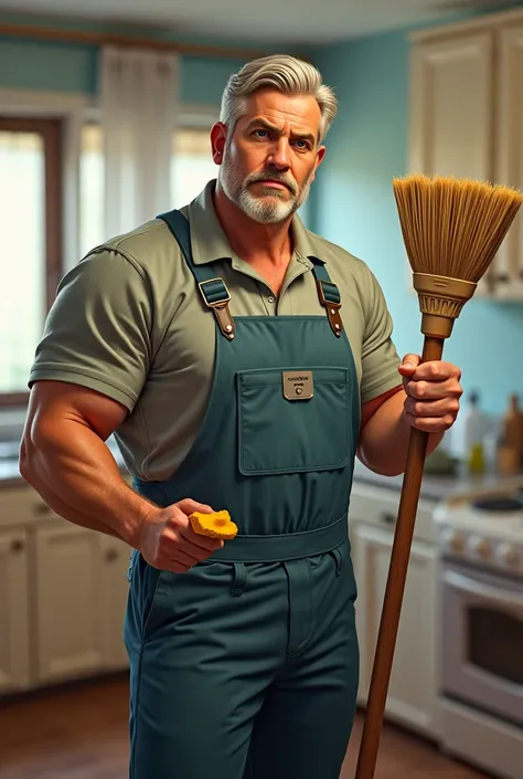 Man holding broom in one hand and sponge in other hand 