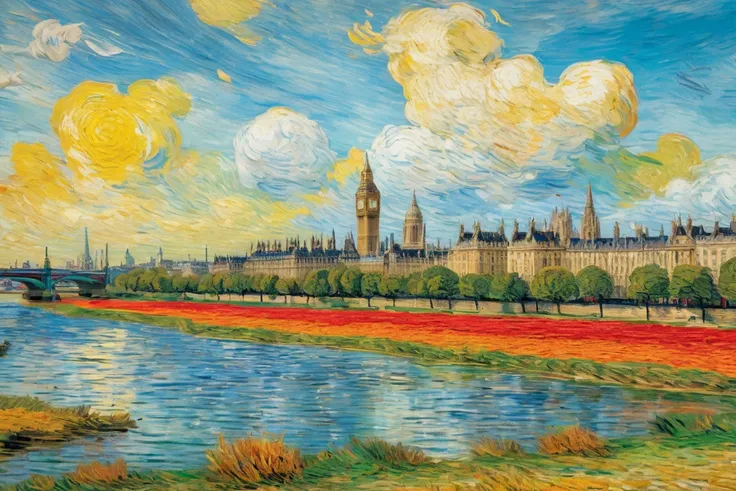 Oil sketch  , From a wide London landscape of 1876,   weak spots and artistic blur ,  yellow ,   Sky Blue  , red,  orange, green,   masterpiece, Detail, van gogh style.  high resolution sweatshirt,  soft colors. 