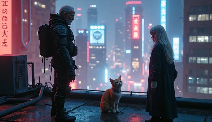 ( Masterpiece, top quality:1.2), (8k, photoreal, rawphoto), (two humanoids and small cat) are in a roof top, Cyberpunk city at night with large chinese old skyscrapers has pipes and windows and (( a lot of lit neon lights)), On the left corner is an old ma...