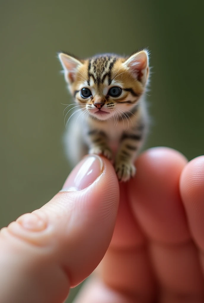 
A tiny cat, about the size of a human finger, is shown in extreme close-up while standing on a human finger. The animal's body and the entire finger supporting it are in sharp focus, textured detail. Capturing every fine detail of the animal and the textu...