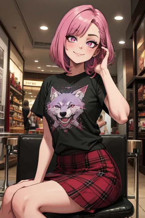 Perfect face. Perfect hands. A pink haired woman with violet eyes with an hourglass figure in a Gothic t-shirt and plaid skirt and a piercing and a cool wolf cut is sitting in  a mall with a smile