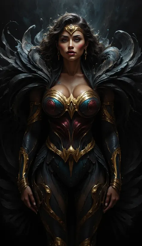 Wonder Woman, a woman wearing her iconic superhero costume, In dark black colors, Wearing very large clothes covering a large part of the body,  she's standing,  watching the viewer, 