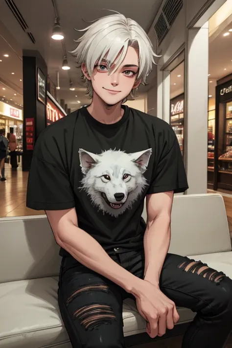 Perfect face. Perfect hands. A young white haired man with ruby eyes with a cool haircut in a Gothic t-shirt and black jeans and a piercing and a cool wolf cut is sitting in a mall with a smile