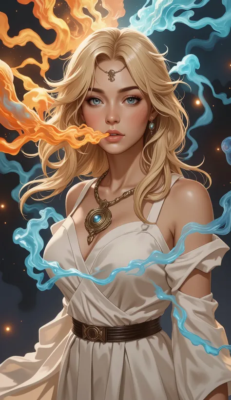 Create an illustration of a golden-haired woman in a white dress, Blowing colored smoke out of the mouth,  inspired by the character Siri from the book Warbreaker, Where do you represent the magic of the literary universe called breaths