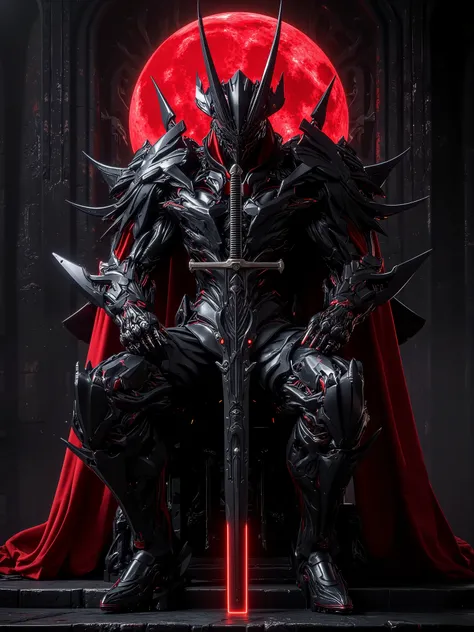 Red Black Armor, Helmet with Horns, big sword, red moon, night, сидит на чёрном готическом троне