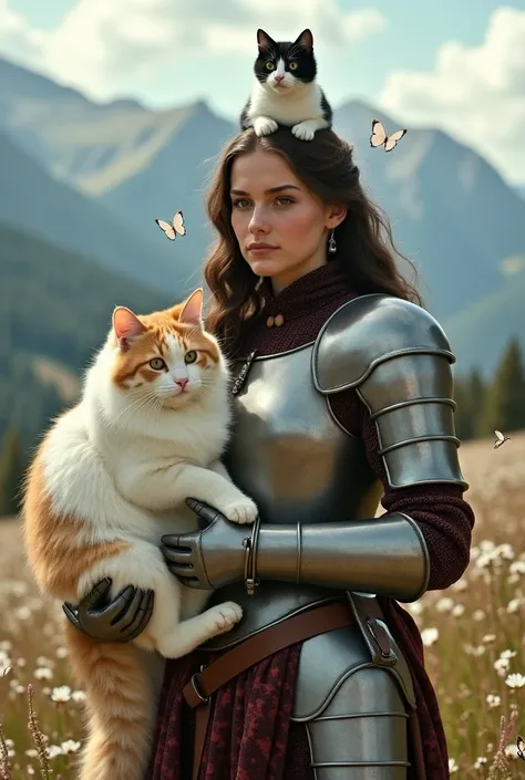 Woman in armor from the Middle Ages,  stop, surrounded by white butterflies,  and mountains, He is carrying a fat white and yellow cat, And another black and white cat is on top of the woman's shoulder