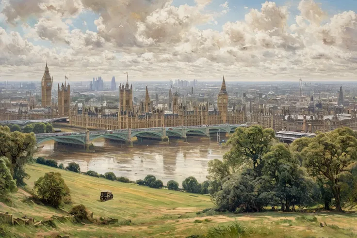 Oil sketch  ,  Of a large London landscape from 1876,   weak spots and artistic blur ,   masterpiece, precise detail , estilo Thorne.  high resolution sweatshirt,  soft colors. 