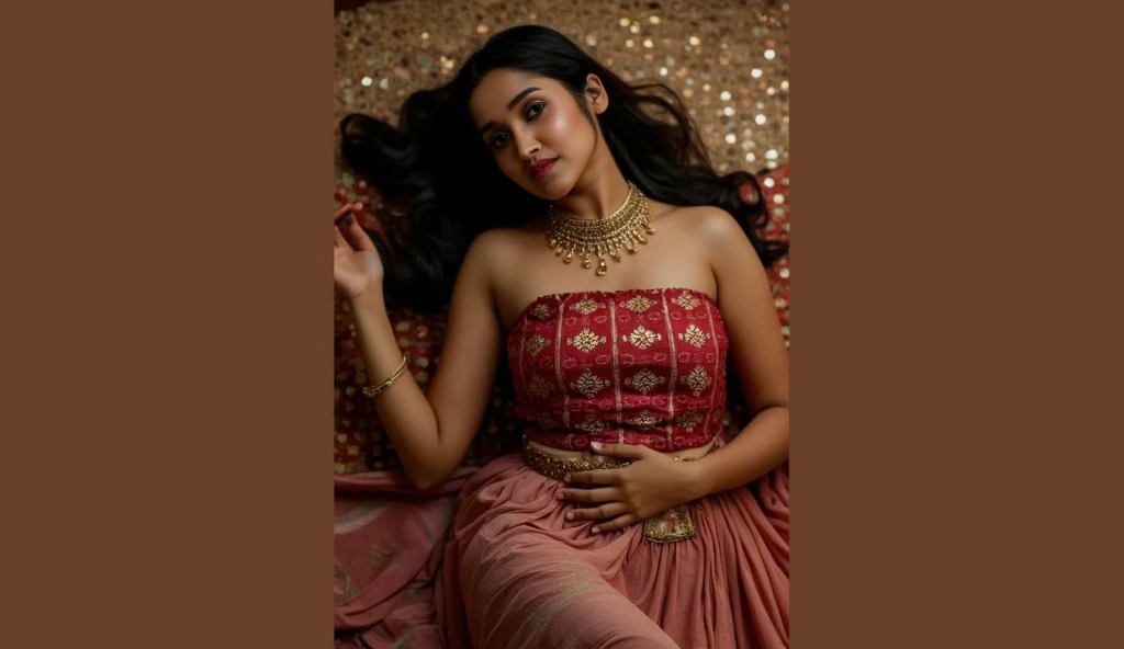 Indian ancient woman laid on bed in upfront position wearing colour full, stone work skirt and topless, with long hair and royal jewelleries. One hand one her one chest another hand on her lower belly camera angle from the top