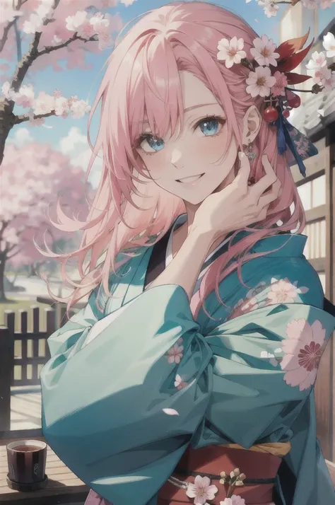 ( masterpiece,  Better quality:1.2), throw, individual focus,  Upper body , 1 , Hand on someone else's face, to smile,  pink hair,  blue eyes,   Japanese clothes ,  kimono, Cherry trees