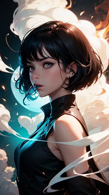 Create an illustration of a woman with short black hair and black clothes, With a sword blasting colored smoke through its mouth,  inspired by the character Vivenna from the book Warbreaker, Where do you represent the magic of the literary universe called ...