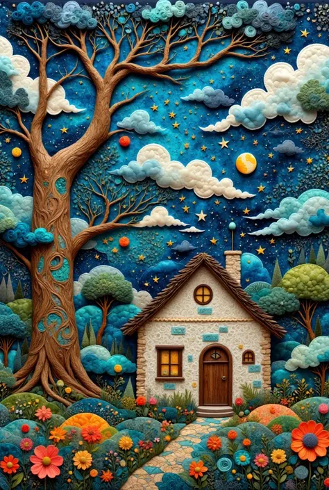 A masterpiece, the best composition, the best quality, the world of patchwork quilts, handmade style, tree house in the woods,white wall house,fantasy house,well lit,beautiful house on a forest path,beautiful details and colors,fairy tale place,mysterious ...