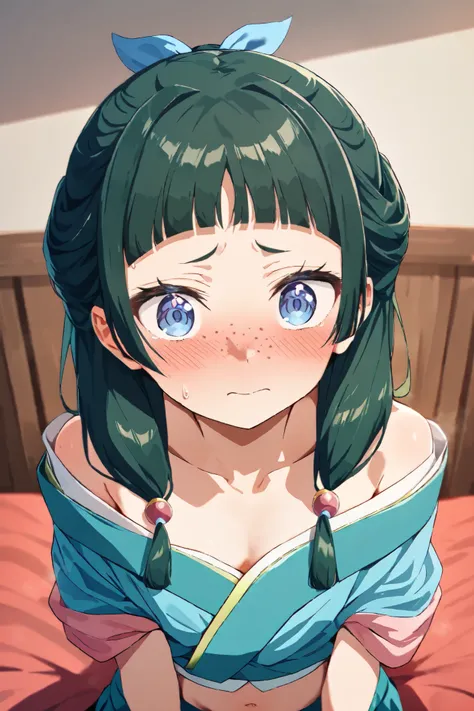 NSFW, Masterpiece, top quality, high resolution, very detailed,maomao、 long hair、bangs、 blue eyes、 hair ornament、 green hair、鈍いbangs、Freckles、 bun hair、 single bun, kimono, kimono, crop top, off the shoulder , miniskirt,Embarrassed,blush