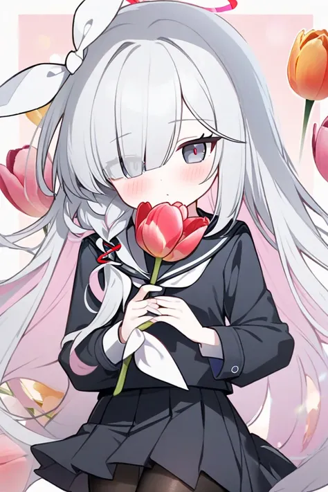 plana (blue archive),
1girl,solo,halo,chibi,grey eyes,red pupils,
black school uniform,pantyhose,serafuku,black skirt,neckerchief,flower,holding flower,holding,blush,long hair,tulip,long sleeves,pink flower,plaid,floating hair,shirt,facing viewer,hand up,p...