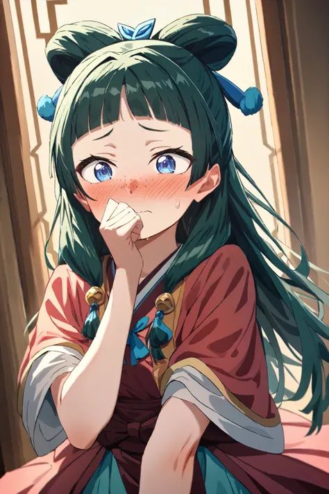 NSFW, Masterpiece, top quality, high resolution, very detailed,maomao、 long hair、bangs、 blue eyes、 hair ornament、 green hair、鈍いbangs、Freckles、 bun hair、 single bun, dress ,Embarrassed,blush