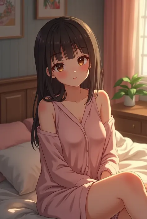 A beautiful, 20-year-old anime girl wears pajamas and sits in bed. The young man is a beautiful anime looking out the door and spying on her while she is wearing makeup