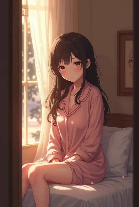 A beautiful, 20-year-old anime girl wears pajamas and sits in bed. The young man is a beautiful anime looking out the door and spying on her while she is wearing makeup