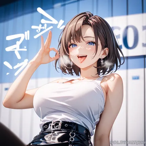  detailed background、 detailed person、 high resolution, 32K,   realistic depiction 、 Masterpiece、 score_9,  score_8_ and ,  score_7_ and ,  score_6_ and ,  mature woman, {{ Super Big Breasts }}, curve,  short hair,  blue eyes,  white shirt,  tank top、( han...