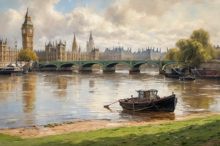 Oil sketch  , From a London landscape of 1876,   weak spots and artistic blur ,   masterpiece, precise detail , estilo Thorne.  high resolution sweatshirt,  soft colors. 