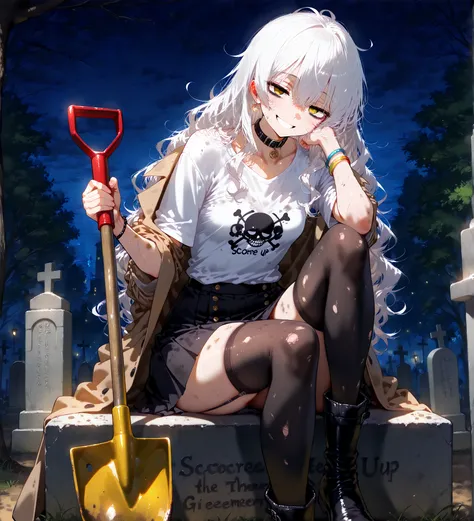  cemetery ,  night, luz de luna, 1girl, Alone, ( style : 1.2), ( tall details ), ( Long hair,  white hair,  wavy hair, messy hair),  small breasts, (black trench coat),  loose white t-shirt dirty and broken,  dirty black skirt ,  knee-length white stocking...