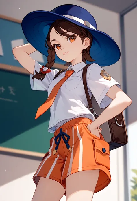 julianascarlet, single braid, blue headwear, hat, school uniform, white shirt, collared shirt, orange necktie, short sleeves, orange shorts