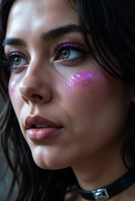 80’s glam rock makeup on shiny android face, anime, 2.5D, Glittery face, moody lighting, (purples, pinks, and blues), iridescent face, abstract ai model, pretty, sexy, minimal, sleek, slender, asian, elegant, chic, futuristic, retro, sophisticated half hum...