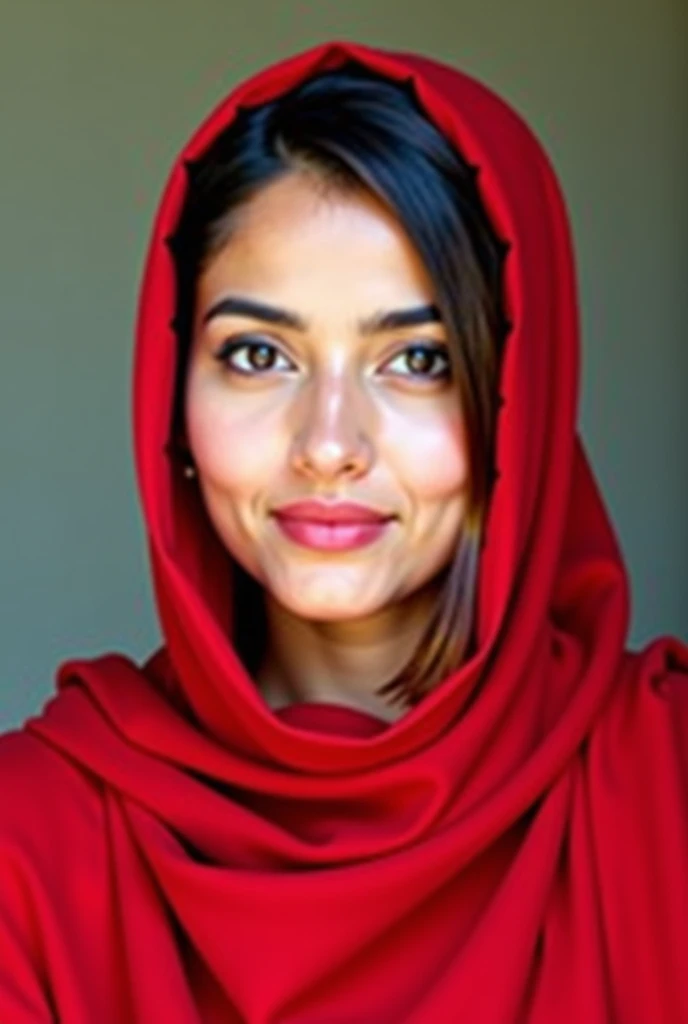 there is a woman wearing a red scarf and a red shirt, faridah malik, with accurate face, portait photo profile picture, with lovely look, profile pic, very very low quality picture, headshot profile picture, beuatiful face, very extremely beautiful, selfie...