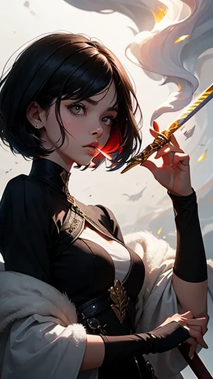 Create an illustration of a woman with short black hair and black clothes, com uma sword, Blowing colored smoke out of the mouth,  inspired by the character Vivenna from the book Warbreaker, Where do you represent the magic of the literary universe called ...