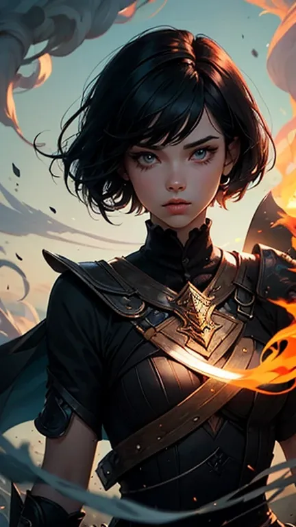 Create an illustration of a woman with short black hair and black clothes, com uma sword, Blowing colored smoke out of the mouth,  inspired by the character Vivenna from the book Warbreaker, Where do you represent the magic of the literary universe called ...