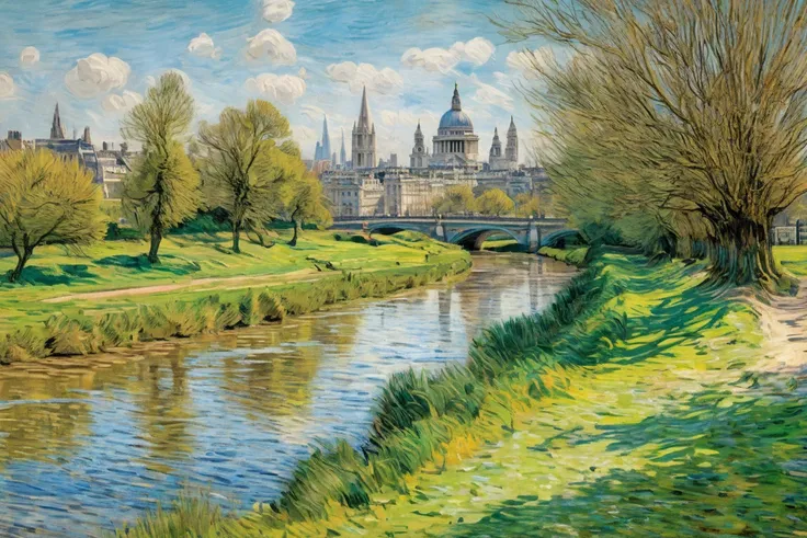 Oil sketch  , From a London landscape of 1876,   weak spots and artistic blur ,   masterpiece, precise detail , van gogh style.  high resolution sweatshirt,  soft colors. 