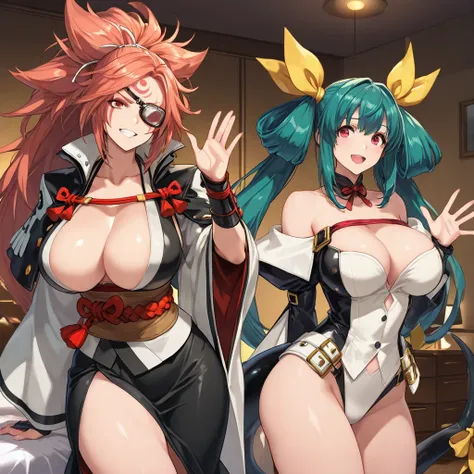 (​masterpiece, top-quality, hight resolution, Unity 8k, extremely details CG:1,Best Picture), 2girls, Dizzy and Baiken, Dizzy guilty gear, Baiken - Guilty Gear, tail, hotel room, Two prostitutes seeing off a client, satisfied smiles, waving