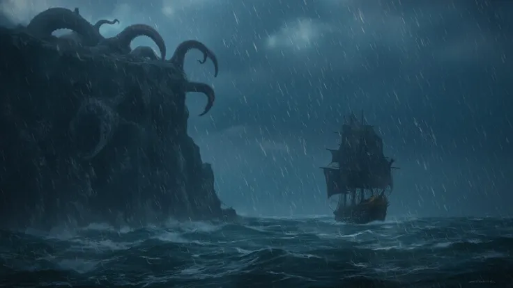  There is a ship in the sea near the cliff , gothic ship at sea ,heavy rain,storm, dramatic lighting  , Concept Art, Many giant octopus tentacles come out from the surface of the sea,Lovecraft Art  , lots of giant tentacles from sea level, Space Horror Ill...