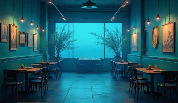 the atmosphere of the cafe is empty. there are no tables and chairs, it has several painting ornaments and blue ambient lights