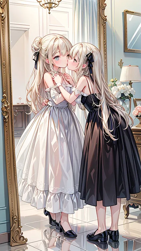 ((masterpiece、 High Quality 、 HD))、 girl１people、 Large Decorated Mirror 、girl reflected in the mirror、Hand in the Mirror 、 Mirror Hanging on the Wall 、(((girl reflected in the  kiss the girl、Antique Room 、girl in front of the mirror、)))