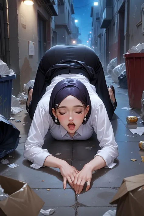 score_9, score_8_up, score_7_up, score_6_up, score_5_up, score_4_up, source_anime, solo focus, office girl, closed eyes, drunk, drunk hijab girl, open mouth, cute, passed out, (asleep), top-down bottom-up, (( in in the trash)), disheveled clothes, lifted s...