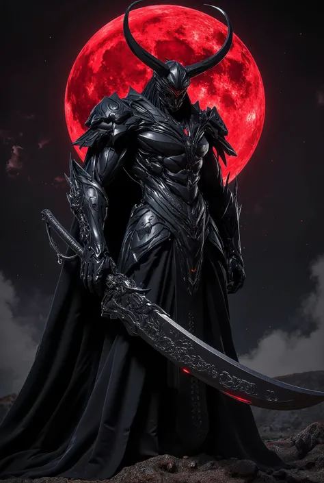 Red Black Armor, Helmet with Horns, big sword, red moon, night