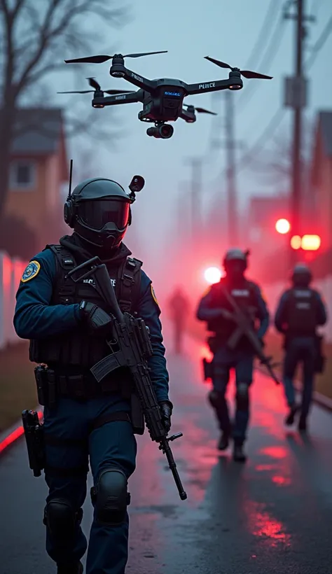 Generate the following image. Police operations with tactical agents using drones and high-tech equipment. Police barrier at a community entrance with sirens on.