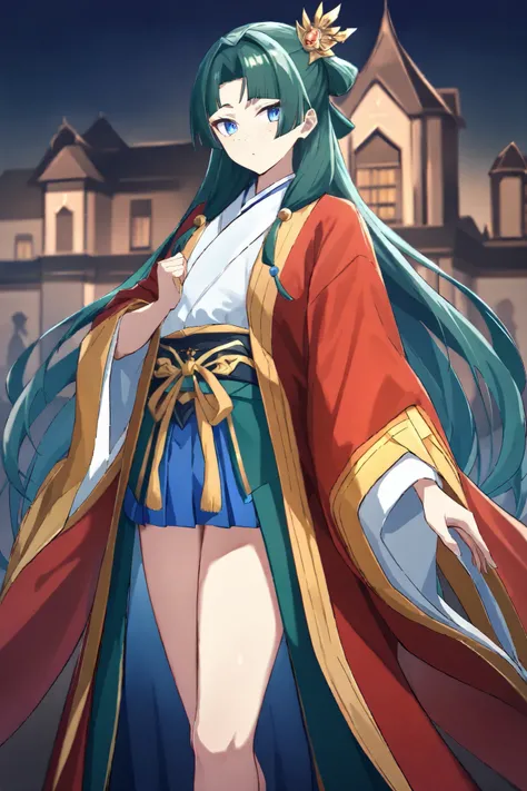 NSFW, Masterpiece, top quality, high resolution, very detailed,maomao、 long hair、bangs、 blue eyes、 hair ornament、 green hair、鈍いbangs、Freckles、 bun hair、 single bun, kimono、Robe、緑のRobe、 Long Sleeve、wide sleeve 、 skirt、赤い skirt,Mansion, zitoida,Lady of Court