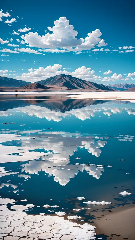  Uyuni Salt Lake、Forever horizontal 、 a mirror-like lake without a single wave、very shallow 、 the lake surface reflects the blue sky like a mirror、A white woman stands on the surface of the lake 