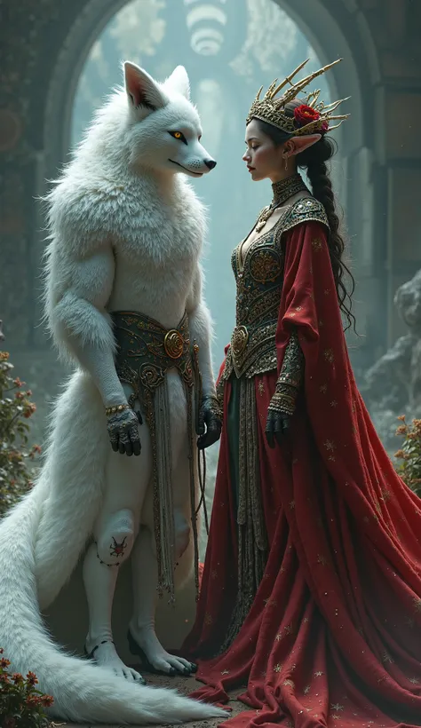 The white  Shadow Fox and the trickster queen – A humanoid white fox with dark fur, wrapped in royal attire and red robes, stands beside a trickster queen.