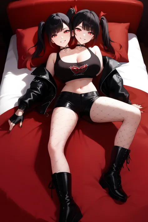 2heads, a tall thin woman with 2 heads, black hair, twintail, black and red gradient hair, red eyes, black footwear, black gloves, leather jacket, black jacket, off shoulder jacket, crop top, black fingerless gloves, black shorts, black fishnet pantyhose, ...