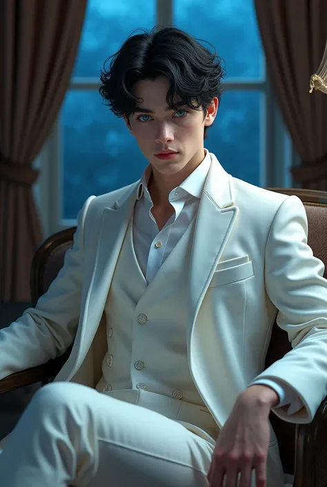 (tmasterpiece, high resolution, ultra - detailed:1.0), (1 boy, Young male), Eyes looking at the camera, Perfect male body, Extremely detailed CG, 8K wallpaper, Complicated details, solo person, ((Deep blue sky eyes)), ((Light black hair with short curly ed...