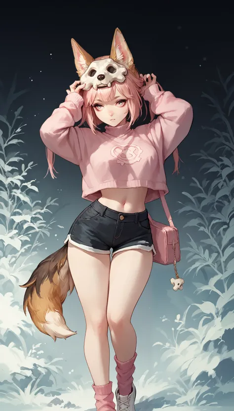  The character is a figure stylized with features that mix human and canine elements .  She has dog ears visible on the top of her head and a tail that resembles a dog.  Her hair is short and smooth , with a fringe.

 She is wearing a white cropped blouse ...