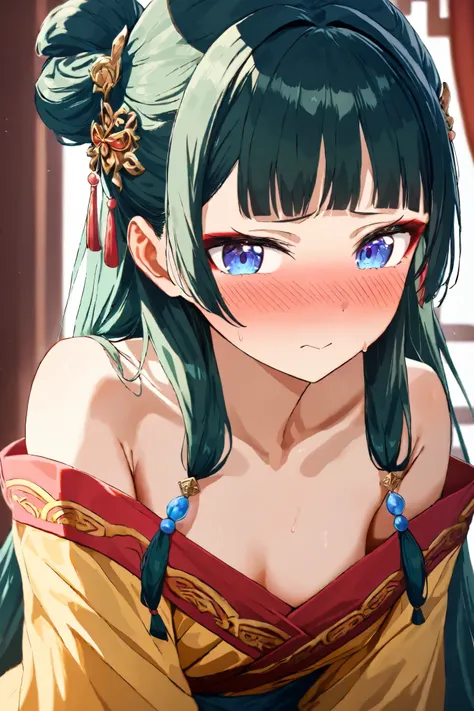 NSFW, Masterpiece, top quality, high resolution, very detailed,maomao、 long hair、bangs、 blue eyes、 hair ornament、 green hair、鈍いbangs, eyeliner, lip gloss, bun hair、 single bun,High-quality dress, off the shoulder ,Embarrassed,blush