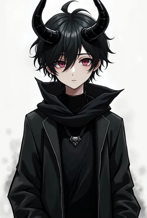  A black-haired boy,  with black clothes , 2 black horns with a black necklace similar to a scarf doing a pose that looks drawn