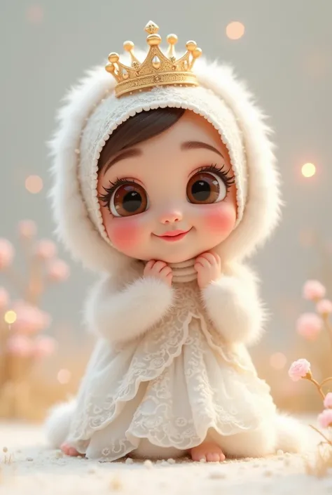 I want a cartoon picture of a very young girl wearing a hijab with a fluffy white dress and a crown 
3d