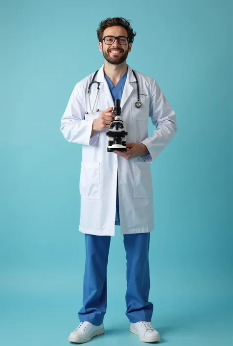 A 30-year-old doctor stop in a hospital and the nurses behind him and the nurses behind him, plus a laboratory, his microscope in hand, but the image must be real human, no drawing, bright background, ultra bright.