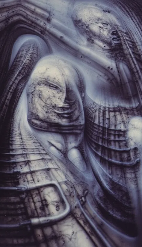 DARK BLACK COLORS, Giger_style, H. R. Giger's g1g3r, , Giger_style, The image is a detailed view of H.R. Giger's \" HRG Aleph \" plate, featuring ( The image depicts a surreal, intricate artwork featuring two humanoid figures with mechanical or industrial ...